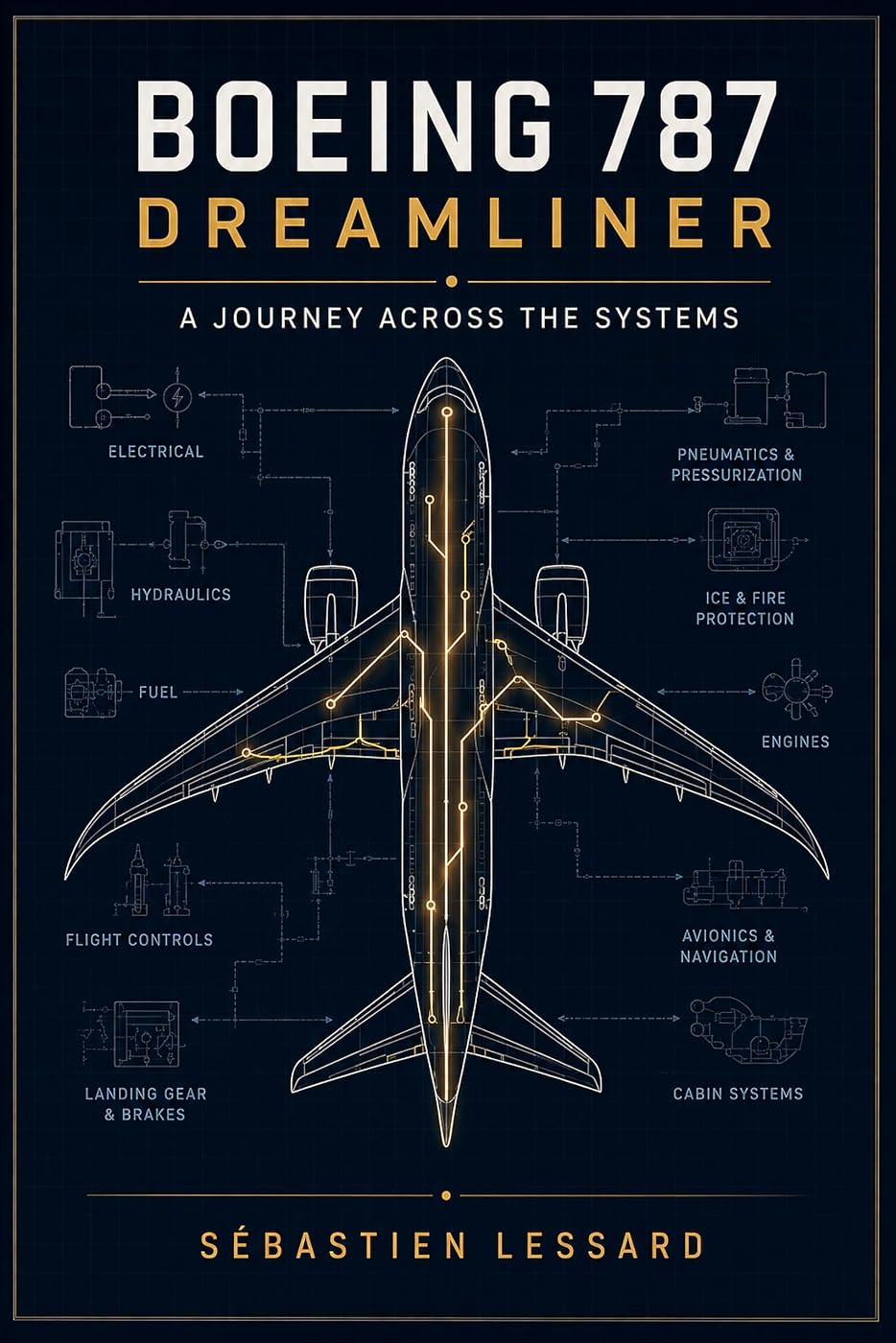 Cover of Boeing 787 Dreamliner: A journey across the systems by S&eacute;bastien Lessard: a schematic planform of the airplane in gold on navy.